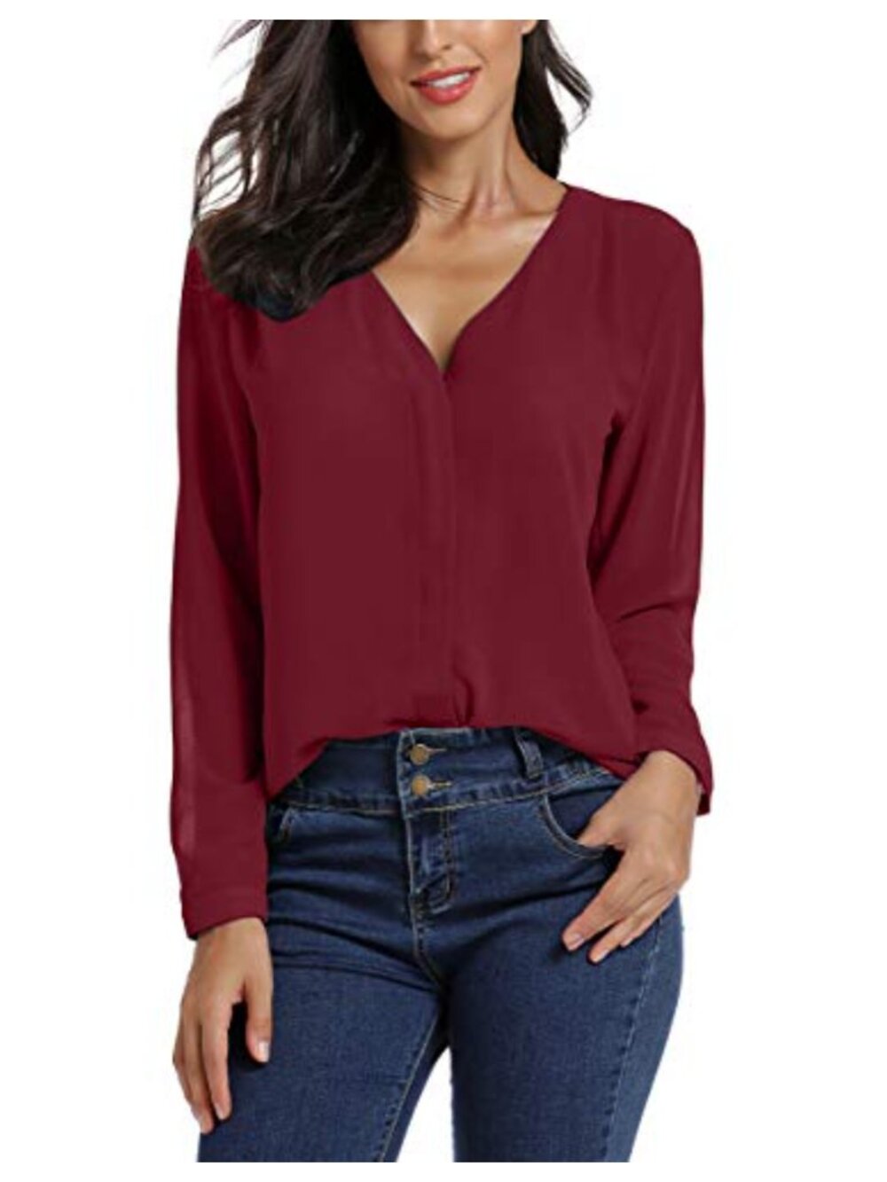 Women's V-Neck Chiffon Blouse Long Sleeve Ruffled Shoulder